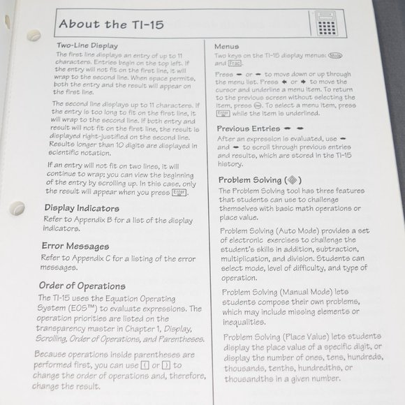 Texas Instruments TI-15 Calculator Teachers Guide Workbook English Spanish 2000 - Picture 7 of 15